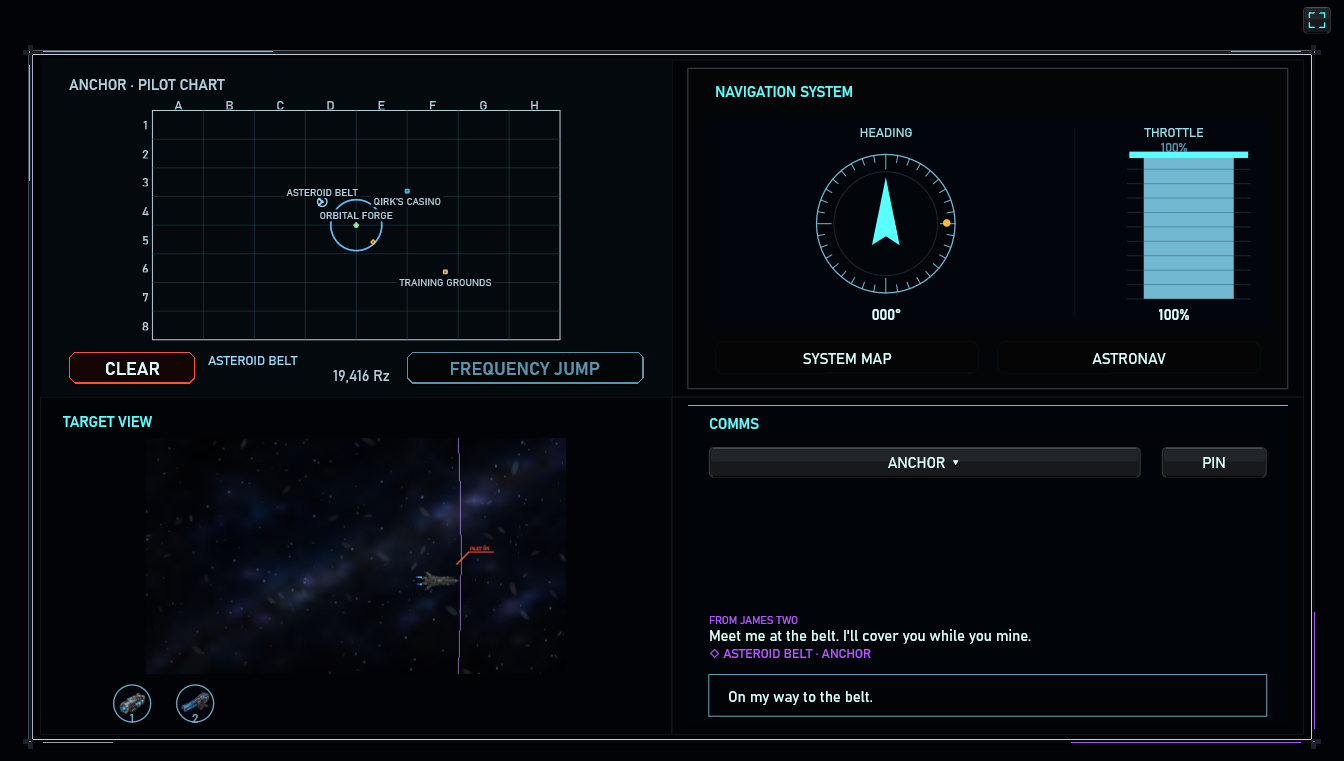 Lost Frequency companion display with system map, navigation dial, selected-target camera and chat
